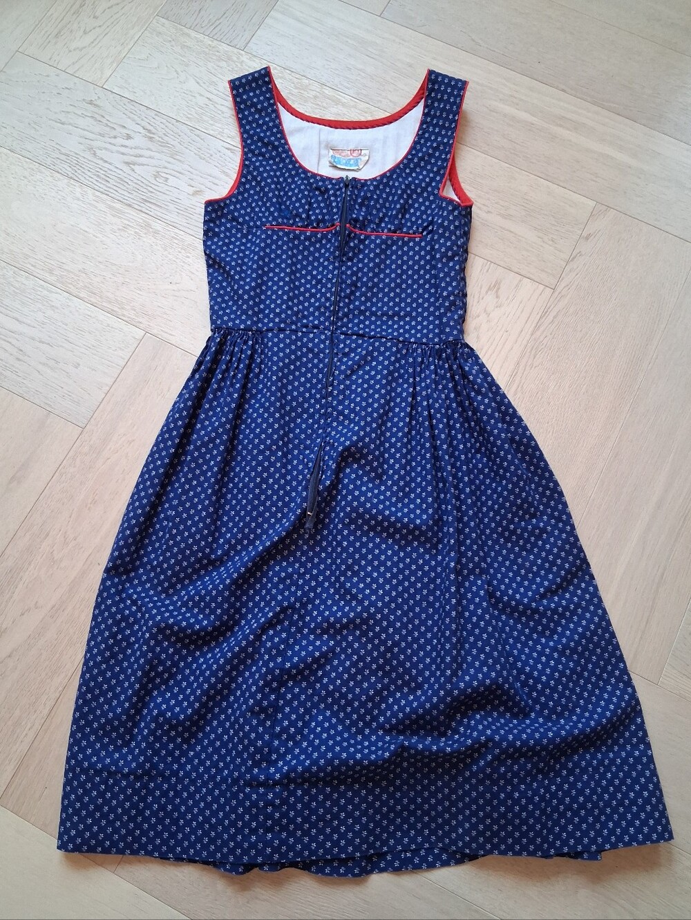 Vintage Dirndl/Girls Navy Blue Sleeveless Cotton Dress with Red Trim. MadAustria